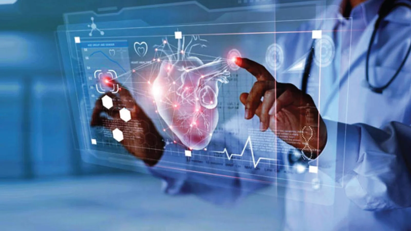 A healthcare professional interacts with a holographic display of a heart, analyzing data related to heart health and diagnostics.