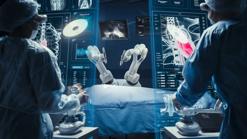 AI and Robotics technology in surgical operations and surgery.