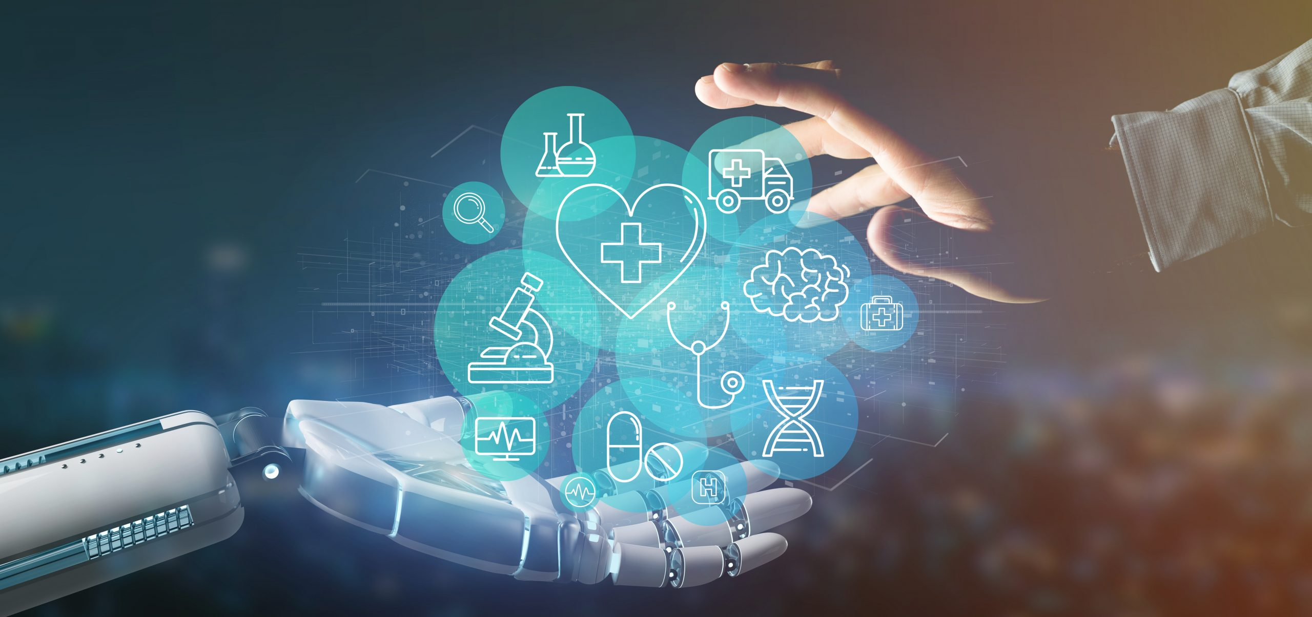 A robotic hand reaches out to connect with a human hand, surrounded by health and technology icons representing healthcare innovation.