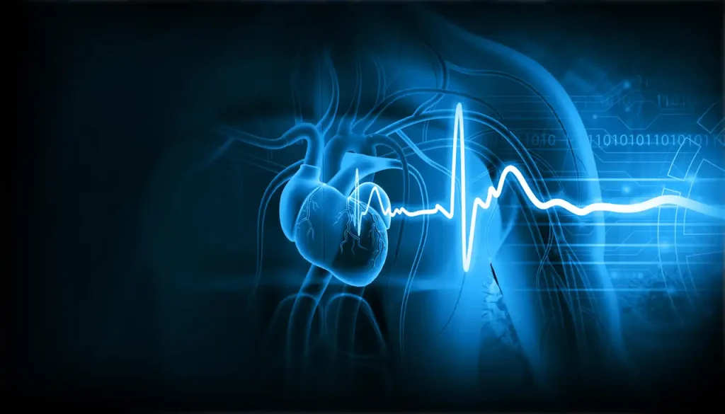 A glowing blue graphic of a heart with an ECG line overlay, symbolizing health and medical technology.