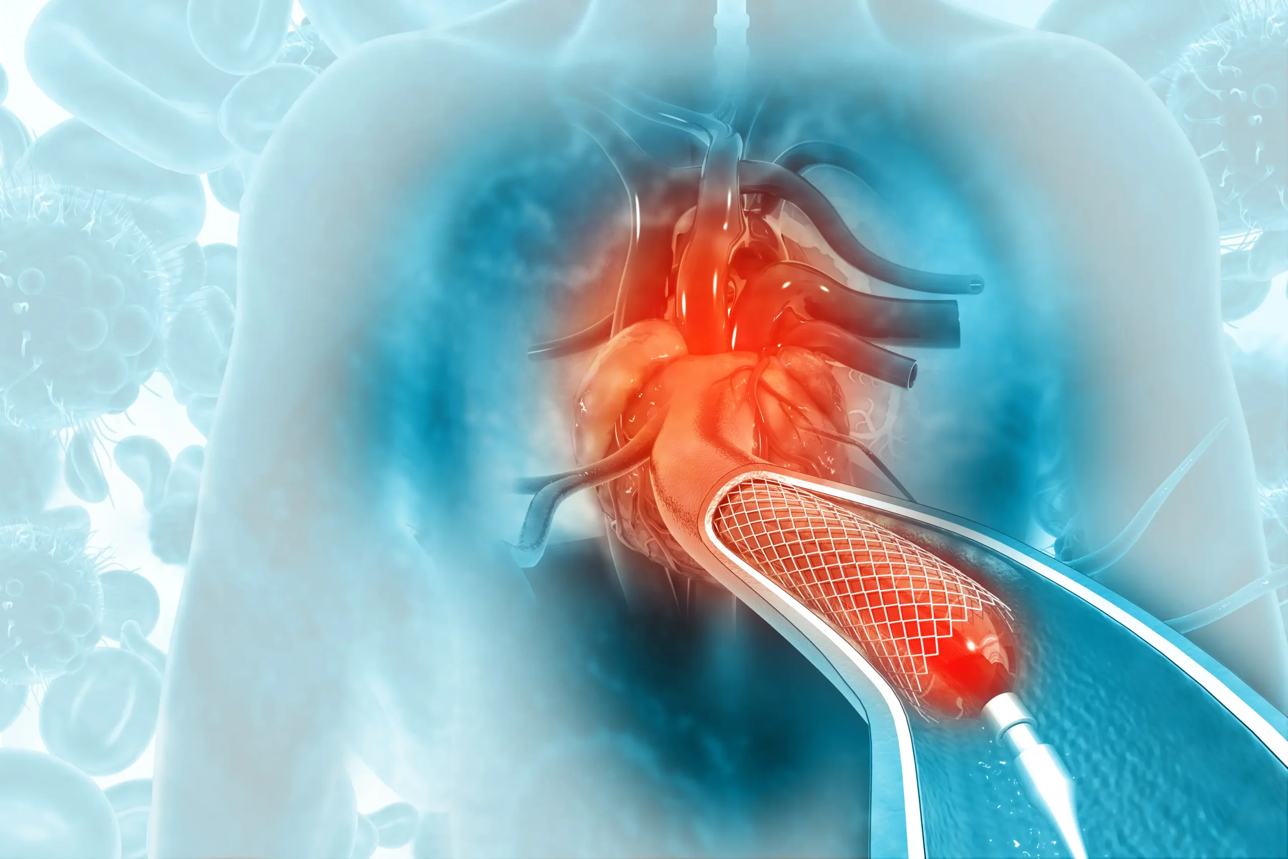Digital illustration of a heart with a catheter inserted, surrounded by abstract representations of cells and blood vessels. angioplasty procedure