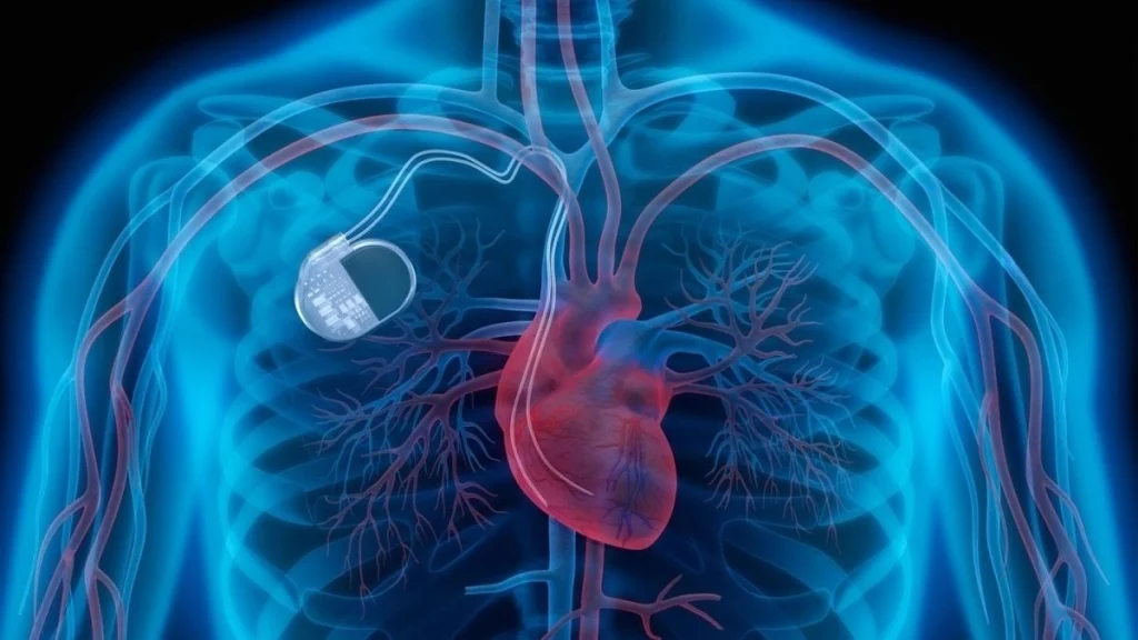Medical illustration of a human torso showing the heart, blood vessels, and an implanted cardiac device, patient monitoring at American Medical Heart Center in Dubai.