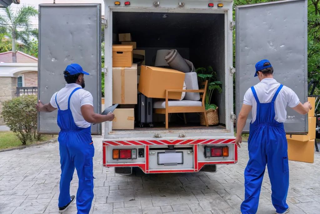 Two drivelo movers in blue uniforms load a truck with furniture and boxes, illustrating heart-smart moving tips for stress-free relocation.