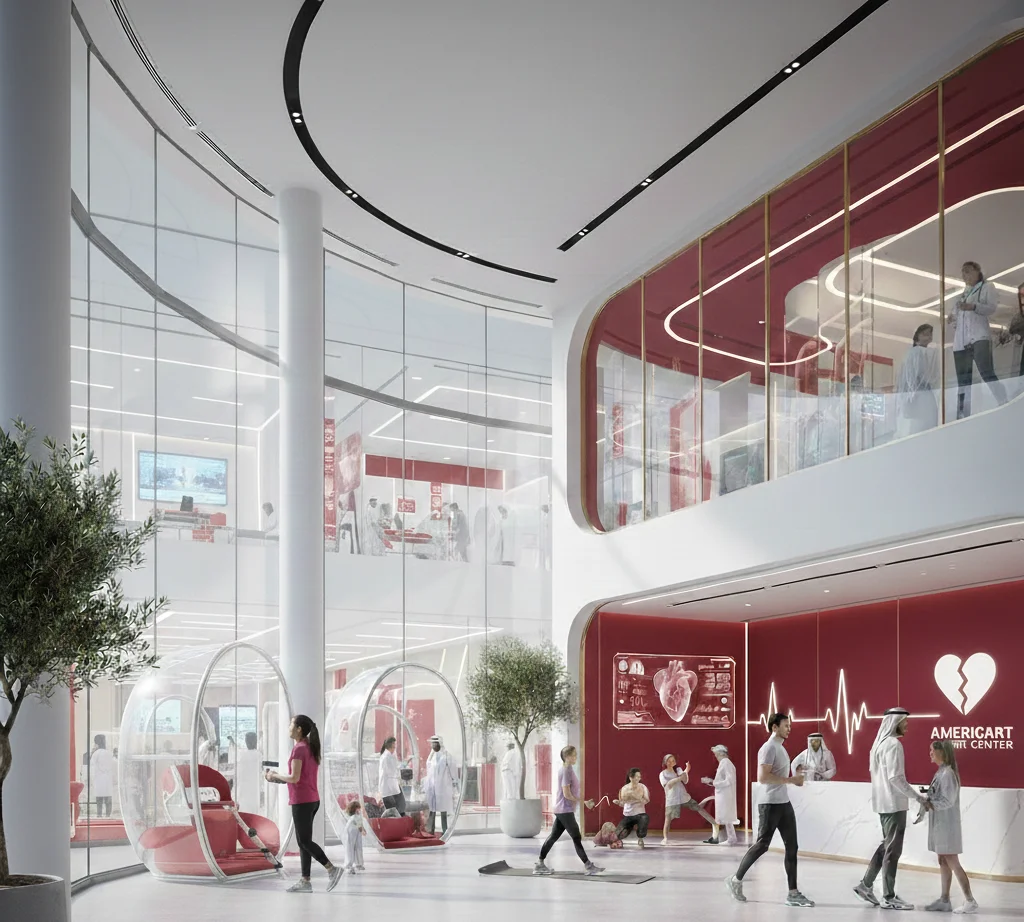 Modern medical facility interior with red and white decor. Doctors and patients interact in a spacious atrium, featuring futuristic seating pods and glass walls, creating a calm, innovative atmosphere that reflects the excellence of preventive cardiac care Dubai.
