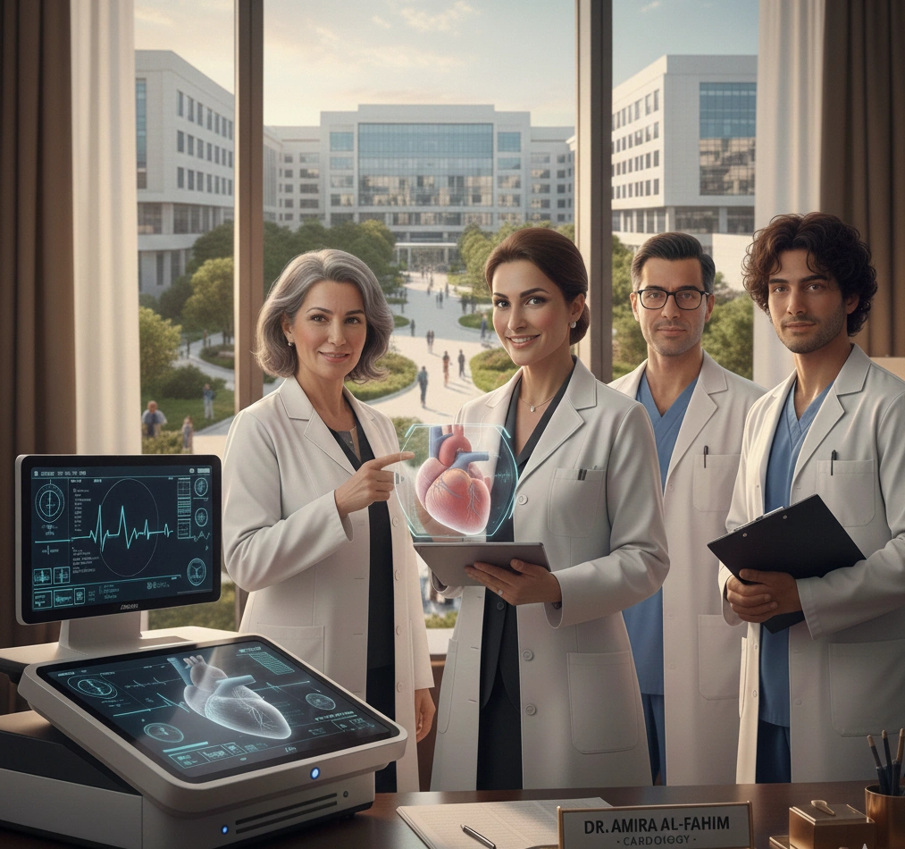 Four doctors in white coats stand in a modern office, representing an expert cardiologist in Dubai and their medical team. Two hold a tablet displaying a 3D heart hologram while monitors show real-time medical data, with a hospital visible outside, reflecting advanced cardiac care.