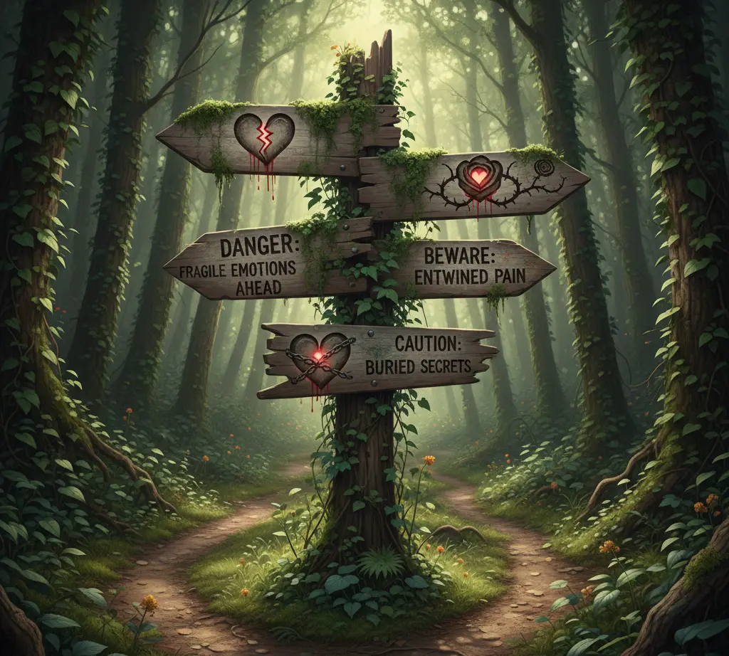 A mysterious forest scene with vines wrapped around wooden warning signs reading “Fragile Emotions,” “Entwined Pain,” and “Buried Secrets,” as multiple paths diverge, creating an enigmatic mood that symbolizes hidden heart warning signs and unseen emotional or health risks.