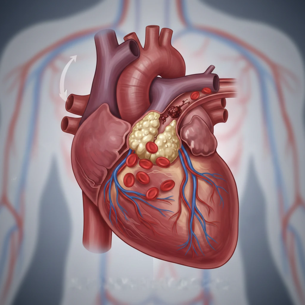 Illustration showing heart blockage with labeled arteries, veins, blood flow, and cholesterol buildup. Best Cardiologist in Dubai