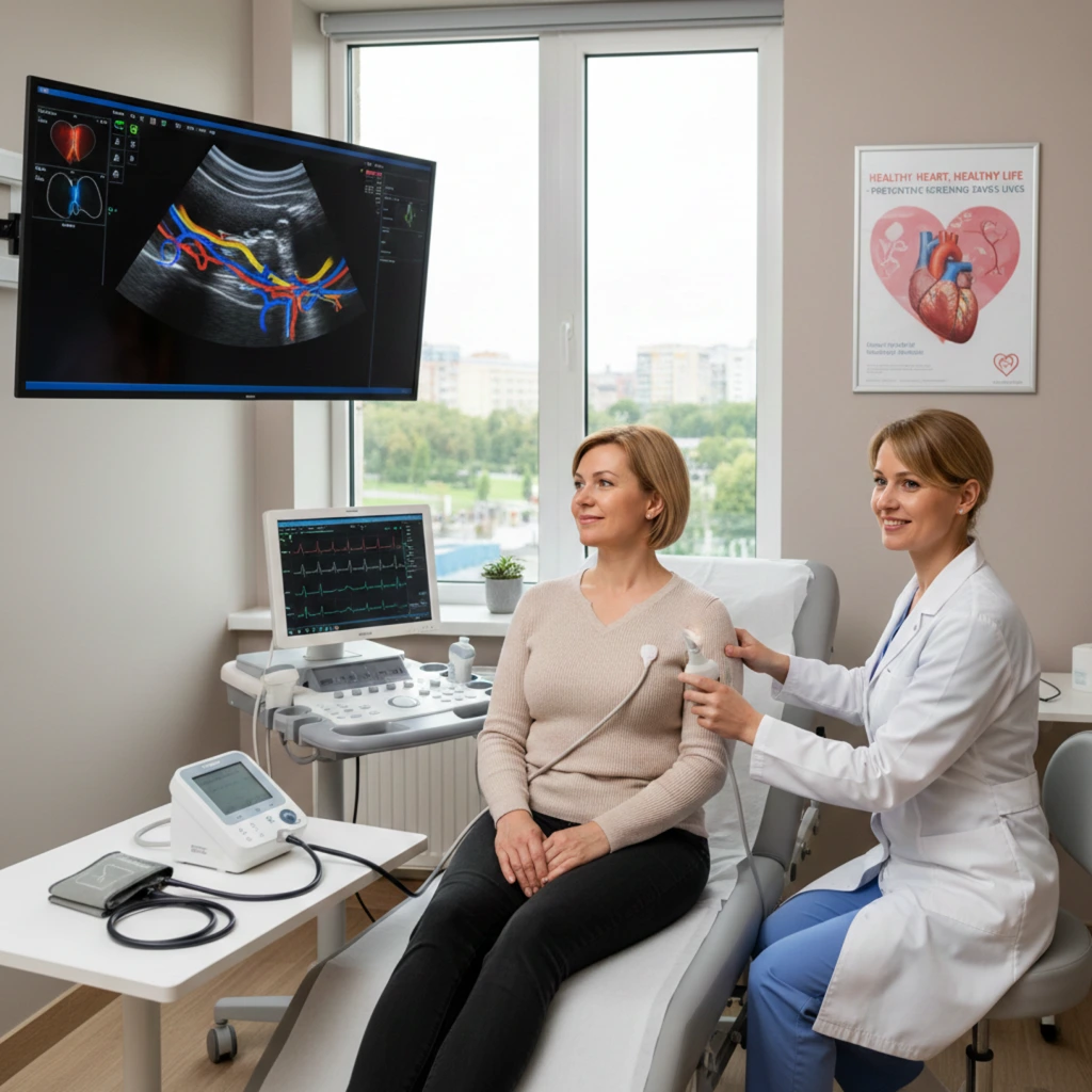 A doctor performs an ultrasound on a smiling patient during Dubai preventive heart screening in a calm clinic.