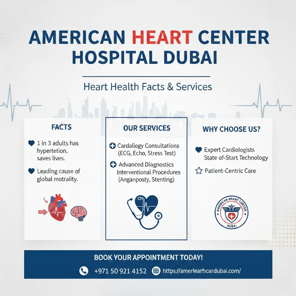 Infographic American Heart Center Dubai with best heart specialist Dubai heart facts and services ad.