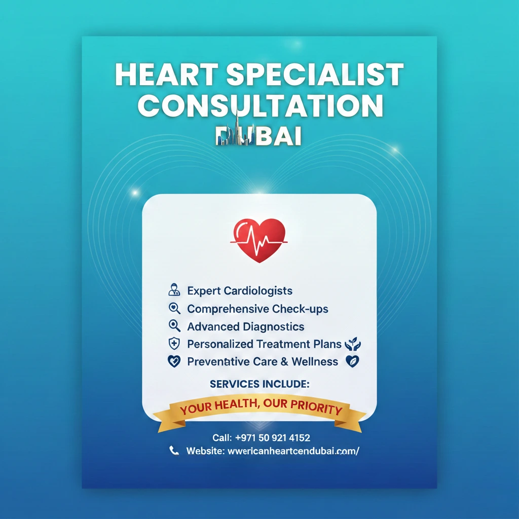 Blue ad for heart specialist consultation Dubai with cardiology & wellness services. Contact now!!!