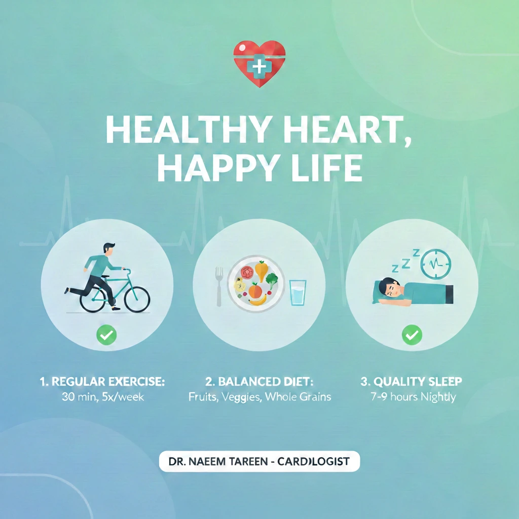 Healthy Heart, Happy Life' with tips: exercise, diet, sleep, recommended by heart doctor in Dubai.