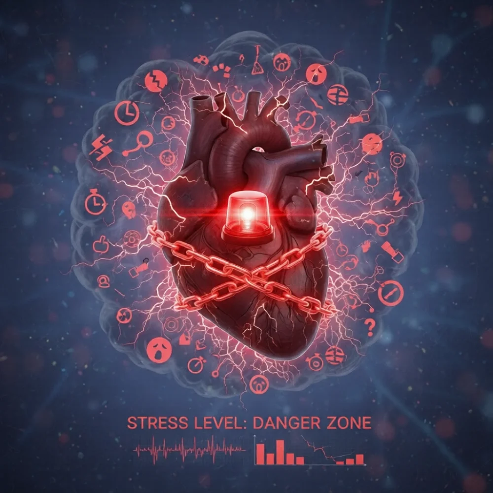 Human heart wrapped in chains, glowing alarm; UAE Lifestyle Heart Stress at danger level, chaos
