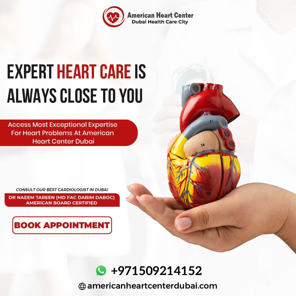 A hand holds a heart model. Bold text: "Expert Heart Care is Always Close to You." Learn about ECG vs Angiography. Contact American Heart Center Dubai.