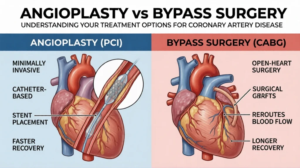 Angioplasty vs Bypass Surgery comparison chart: minimally invasive vs open-heart procedures, recovery, stents, grafts.