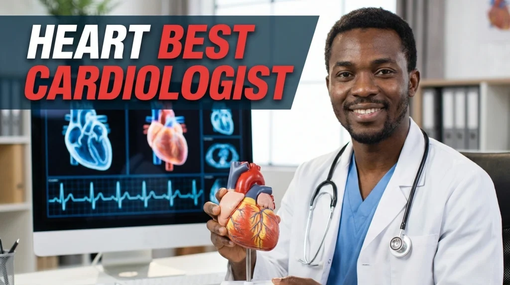 A male doctor in a white coat holds a heart model, with heart images on a computer screen and the text 'American Heart Best Cardiologist' displayed.