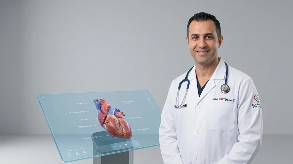 Dubai Heart specialists beside a digital 3D heart model in a modern clinic