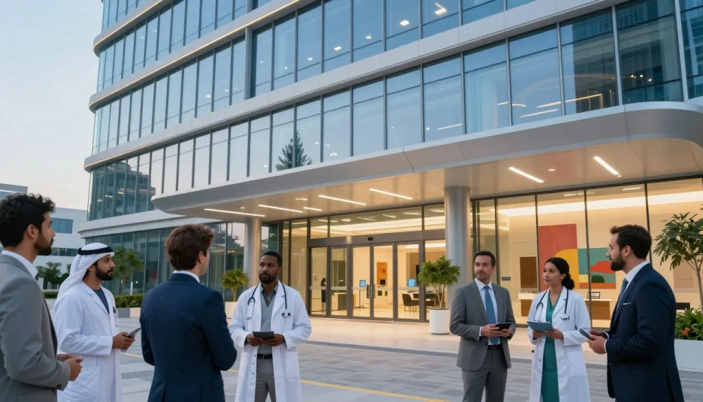Doctors and professionals collaborate outside a heart hospital in Dubai at dusk, reflecting trust and professionalism.